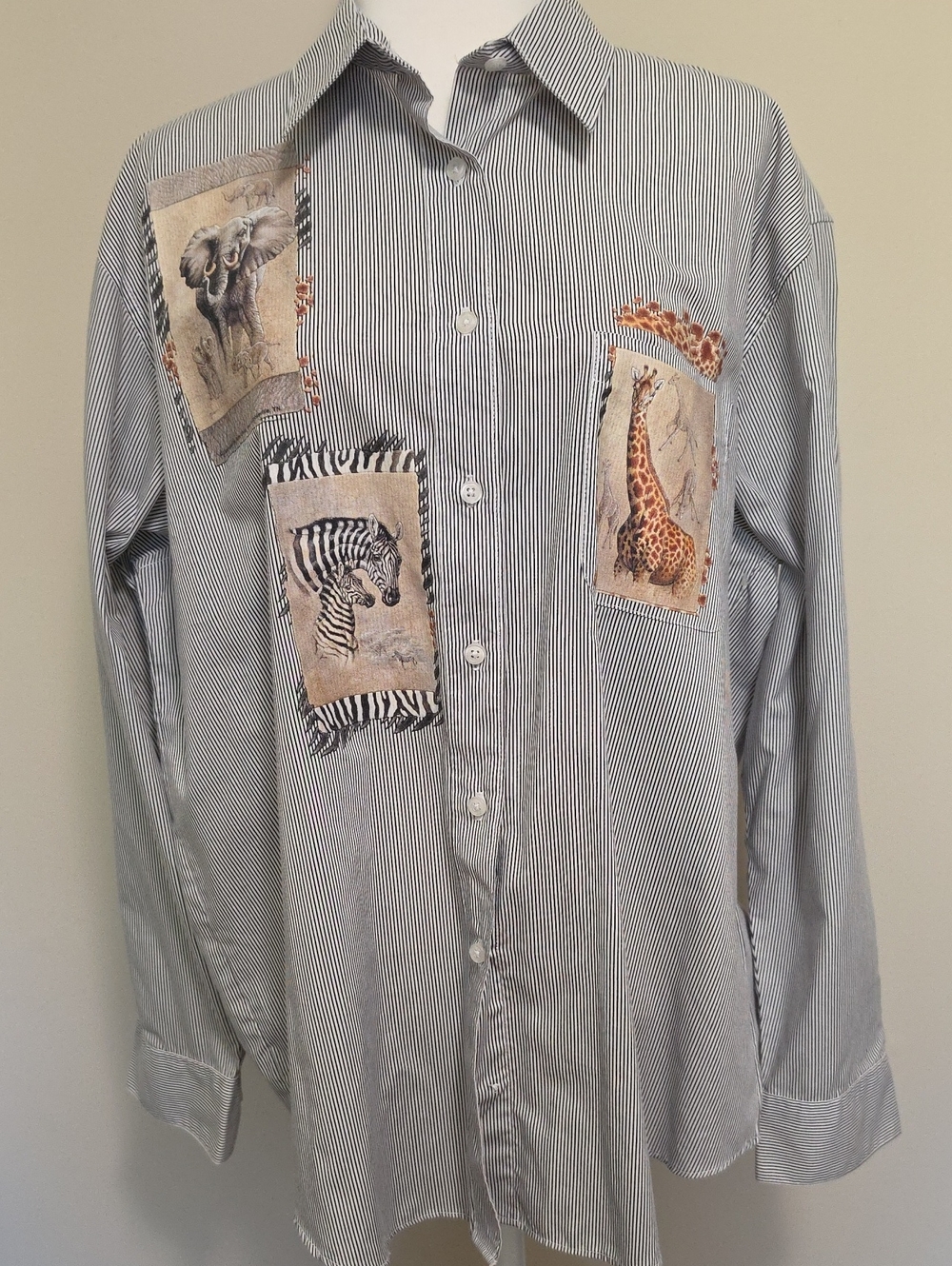 Vintage Shipshe Safari Animal Patch Striped Button Down Shirt Womens XL Oversize